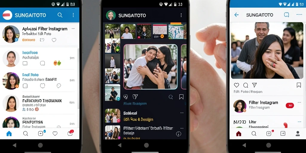 Tampilan antarmuka SUNGAITOTO dengan berbagai pilihan filter Instagram.